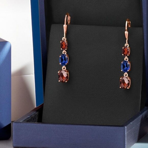 18K Rose Gold with 6.21Cttw 3 Stone Garnet and Royal Blue Sapphire Drop Earrings - Picture 4 of 5